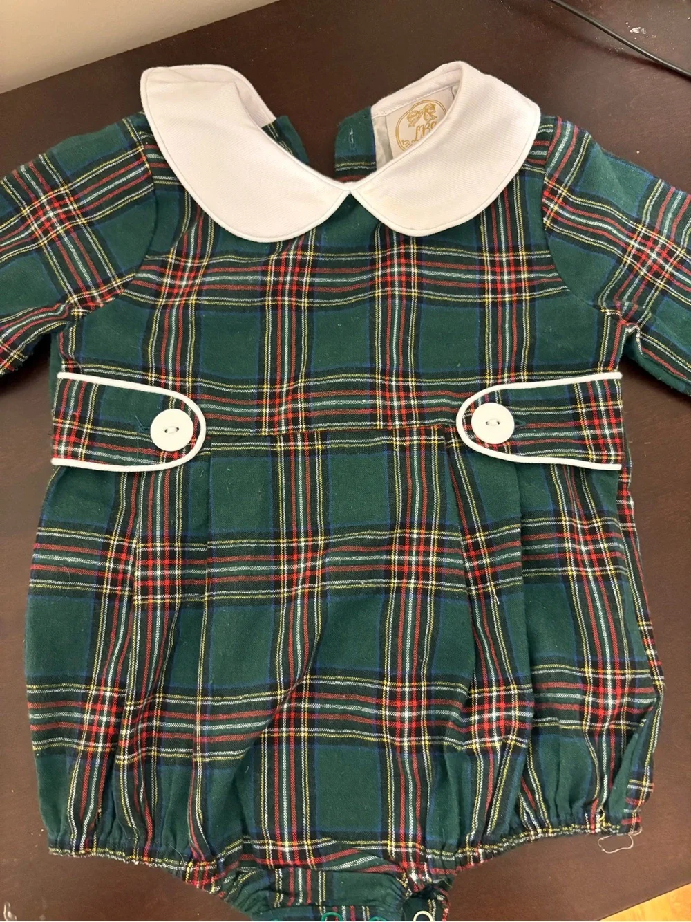 Classic Green Plaid Baby One-Piece with White Peter Pan Collar